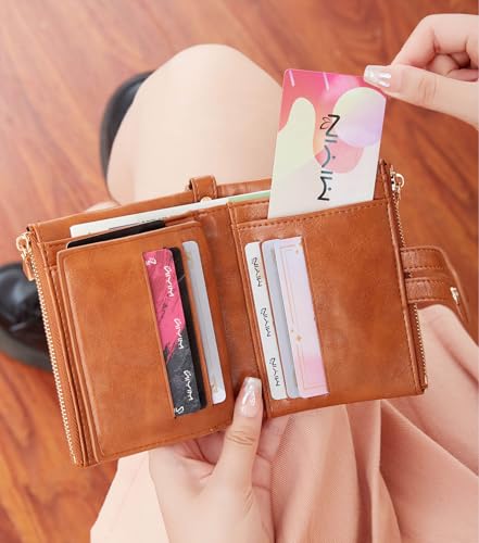 Image of AOXONEL Wallets for Women Small Rfid Bifold Leather Ladies Wallet,Travel Billfolds Medium Size Card Holder with Removable Wristlet Chain,Multi-Card Slots,ID Window,Double Zipper Coin Pocket (Brown)