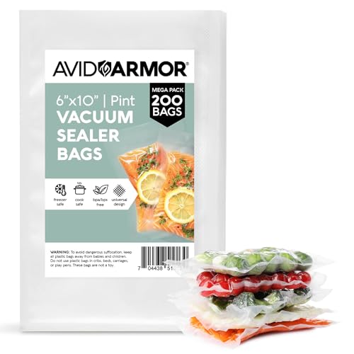 Avid Armor Pre-Cut Pint Size Vacuum Sealer Bags 6x10 Inch 200 Pack - BPA Free, Heavy Duty, Commercial Grade, Compatible with FoodSaver & Seal-a-Meal, Perfect for Sous Vide & Food Storage