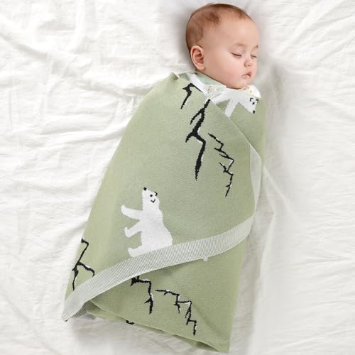 mimixiong Baby Blanket 100% Soft Cotton Baby Gift Cute Cartoon Polar Bear Baby Blankets for Newborn Boy Girls Light Green - Image 4