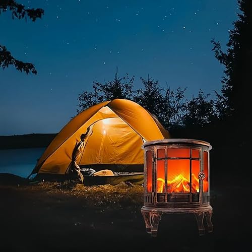 Image of Small Cozy Fireplace Lantern Traditional Realistic Log Wood Burning Flame Effect Ligh LED Charcoal Style Table LampFor Indoor & Outdoor Use