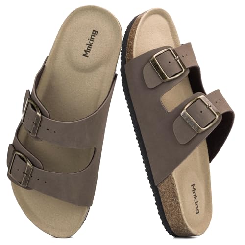 Mnking Sandalias Mules Mujer Hombre Verano Plana Hebilla Punta Abierta Sandalias de Pala Retro Cómodo Piel de Ante Pantuflas de Corcho Antideslizantes Zapatillas Planas Marrón Oscuro EU38