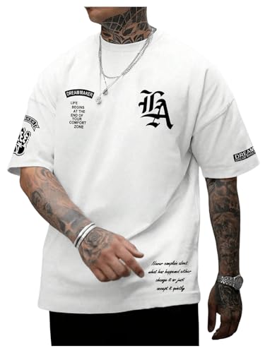 Men's Letter Graphic Tee Shirt Short Sleeve Crew Neck Cool Baggy Shirts