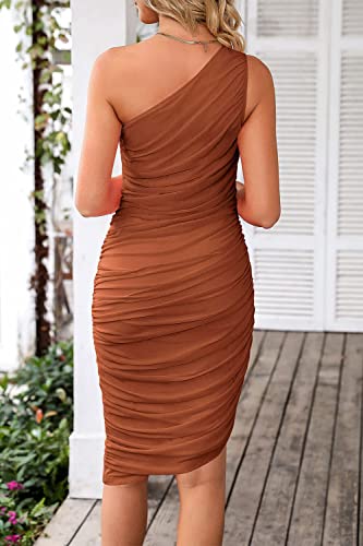Prettygarden Women's Ruched Bodycon Dress 2023 Summer One Shoulder Sleeveless Party Cocktail Pencil Dresses (Caramel,Medium) #TOP3