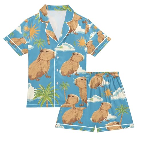 senya Capybara on Tropical Satin Summer Pajama Sets Silk Short Sleeve Button Down Sleepwear
