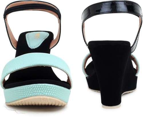 Image of Action Women's Suede Wedge Sandals| Black and Mint| Ankle Strap| Heel Aqua