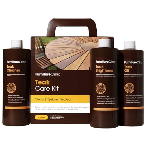 Furniture Clinic Teak Care Kit - Restorer & Cleaning of Outdoor Wooden Garden Furniture - Wood Cleaner & Restoration Treatment - Contains Teak Oil Teak Cleaner & Teak Brightener
