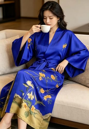 Image of Women's Classic 100% Silk Kimono Robe, Bathrobe-Printed Pattern