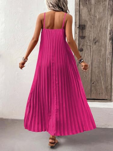 Image of Women's Summer Casual V Neck Sleeveless Strappy Pleated Flowy Loose Maxi Long Beach Dress