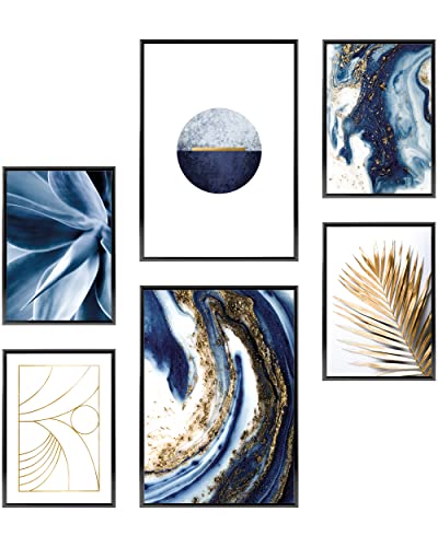 Heimlich® Tableau Décoration Murale - SANS Cadres -Set de Poster Premium pour la Maison, Bureau, Salon, Chambre, Cuisine 2 x A3 & 4 x A4-30x42 & 21x30 | » Abstrait Bleu Marmor «