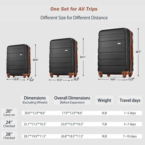 Luggage Sets New Model ABS Hardshell 3pcs Clearance Luggage Hardside Lightweight Durable Suitcase sets Spinner Wheels Suitcase with TSA Lock 20''24''28'' (Black and Brown)3