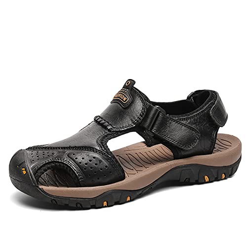 MILDSEVEN Men's Real Leather Closed Toe Sandals, Casual Handmade Hiking Sandals, Fashion Hollow Out Backpacking Beach Shoes,10.5,Black