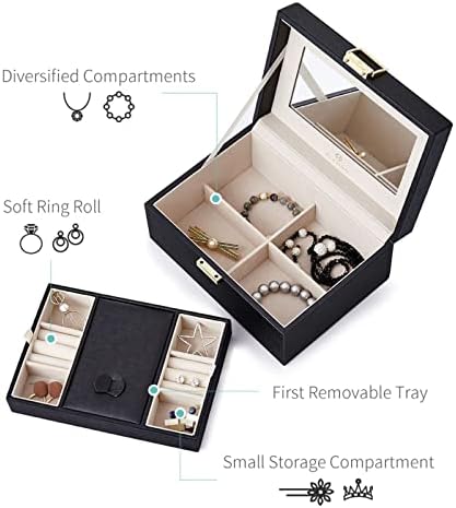 Vlando Jewellery Box for Women & Girls, Upgrade Design Jewellery Organiser, Double Layers Jewelry Storage Case with Mirror & Velvet for Bracelets Earrings Rings, Gift Idea (Black)