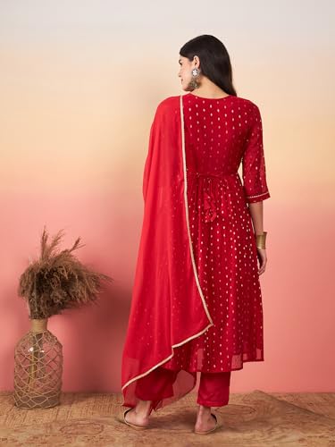 Image of INDO ERA Navy Blue A-Line Embroidered Silk Kurta Trouser With Dupatta Set For Women