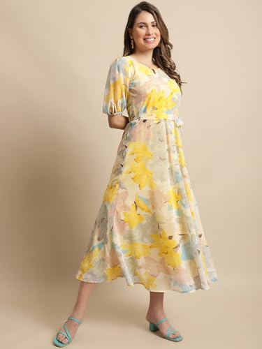 Preneum Women's Maxi Fit & Flare Latest Style Print Georgette Regular Sleeves Casual Summer Maxi Dress || Festival & Occasion, Light Yellow, M