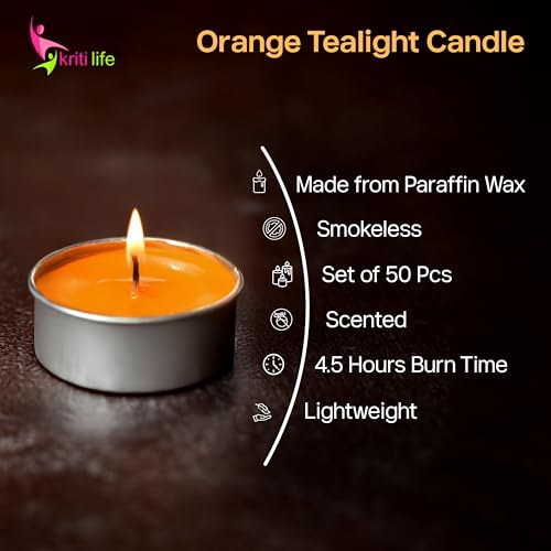 Image of Kriti Life Orange Scented Tealight Candles - 100% Paraffin Wax, Smokeless, Long Burn Time (4.5 Hours), Dripless Orange Candles for Home Decor, Diwali, Weddings & Meditation - Set of 50