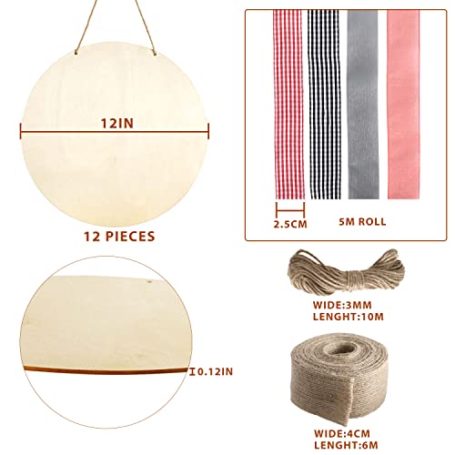 12Pcs Wood Circles For Crafts 12Inch Unfinished Blank Round Wooden Slices Easter Ornaments Home Decorations Diy Cutouts Welcome Door Decors Signs Red Black Plaid Burlap Ribbon Rustic Jute Rope Strings #TOP1