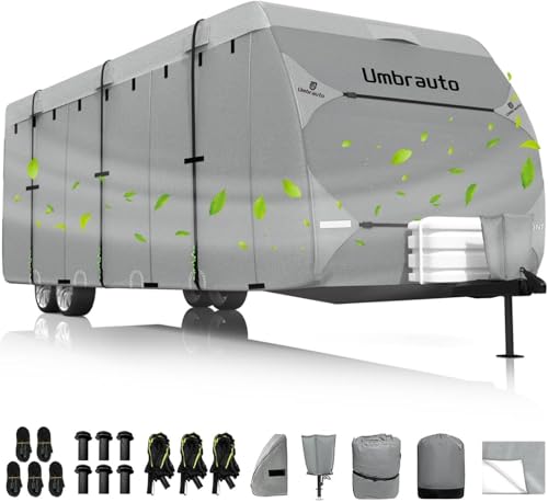 Umbrauto RV Cover Fits 24-27ft Travel Trailer: Lightweight Waterproof Camper Cover for Toy Hauler Winter Campsite with Gutter Covers Tongne Jack Covers Windproof Straps