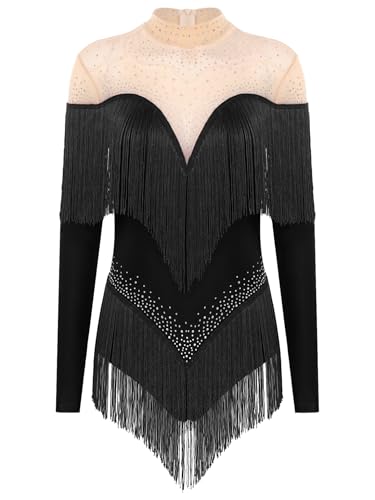 Nyeemya Vestido Baile de Salon Latino Profesional Maillot con Flecos Mujer Manga Larga con Pedrería Brillante Vestido de Patinaje Artistico sobre Hielo Negro L