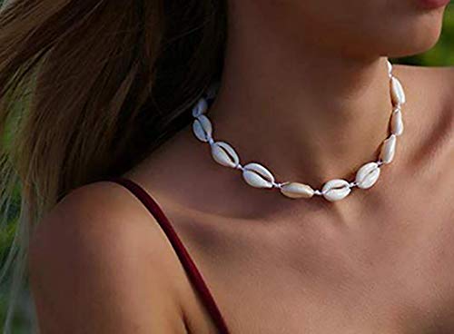 Natural Shells Necklaces Bracelet for Women Girls Hawaii Adjustable Beach Cowrie Seashell Beads Choker Bracelet Summer Shell Jewelry Set (White)