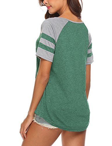 Locryz Women's Summer V Neck Raglan Short Sleeve Shirts Casual Blouses Baseball Tshirts Top S Green #TOP1