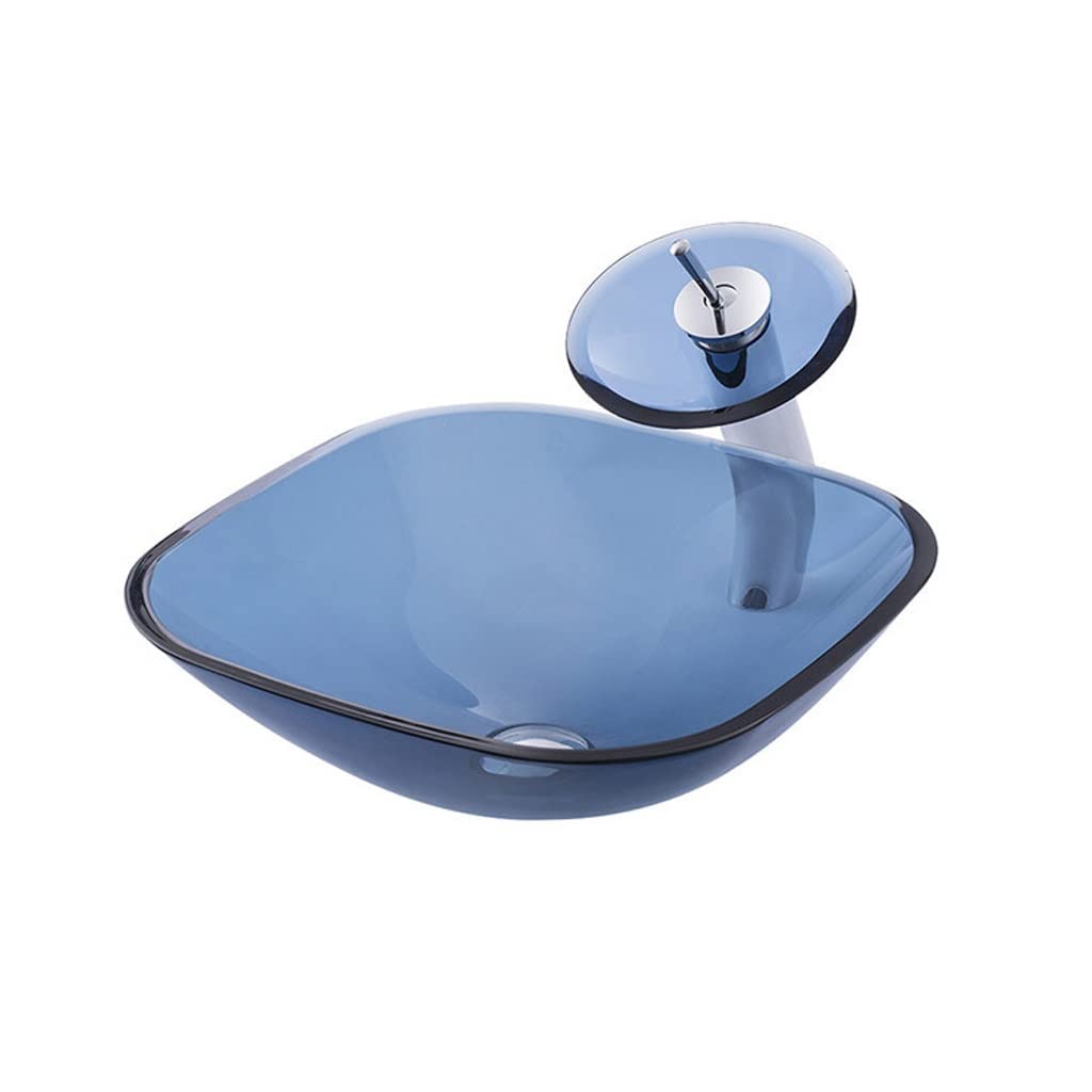 ADERFETBI Bathroom Sink Bathroom Vessel Sink Tempered Glass Washbasin Countertop Art Basin Blue(Sink set)