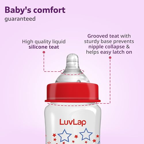 Image of LuvLap Anti-Colic Wide Neck Natura Flo Baby Plastic Feeding Bottle, 250Ml (Pack of 6), New Born /Infants /Toddler Upto 3 Years, Stars, BPA Free
