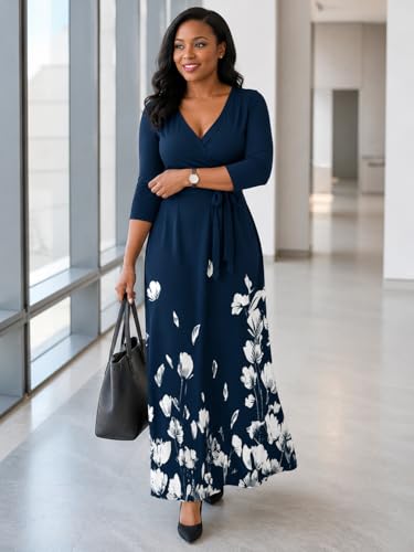 Image of SUZONANA Plus Size Dresses for Women Floral Print Maxi Dress Flowy 3 /4 Sleeve with Belt