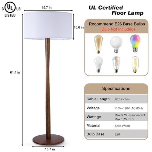Image of 62 inch Tall Rustic Walnut Wood Floor Lamp with Large Linen Shade, White | Farmhouse Wood Floor Lamp, UL Listed Standing Lamps with Wooden Base for Living Room, Bedroom, Dining Room, Home