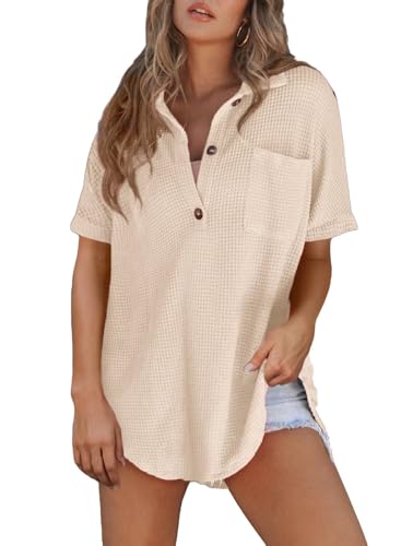 Astylish Women Waffle Knit Tops Henley Shirts Short Sleeve V Neck Solid Color Casual Tunic