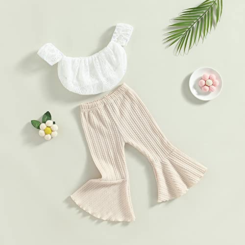 2Pcs Infant Baby Girls Summer Outfits Solid Color Off-Shoulder Lace Crop Tops + Elastic Waist Flare Pants Set (White Beige, 12-18 Months) #TOP5