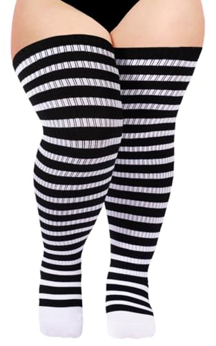 Image of Moon Wood Plus Size Thigh High Socks for Women Knit Cotton Extra Long Striped Over the Knee High Socks Leg Warmers