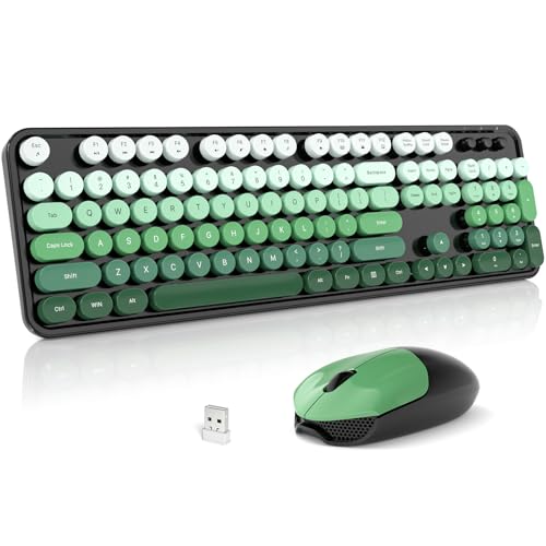 Image of Wireless Keyboard and Mouse Combo, 2.4GHz Gradient Colorful Full-Size Retro Typewriter Keyboard with Wireless Mouse for PC /Desktop /Laptop /Windows (Black Green)