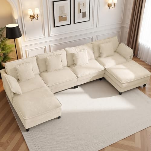 Image of Claiks 148 inch Modular U-Shaped Sofa, Cloud Couch with Ottoman, Sectional 6-Seater Sofa, Deep Seat Comfy Couch with Pillows for Living Room & Apartment, Beige