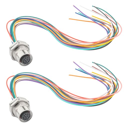 Hamadap M12 Connector 12 Pin Female A Coded Aviation Sensor Cable,16mm Industrial Circular Connector,IP67 Waterproof Front Mount UnShielded Straight Electrical Cable 2 Pack
