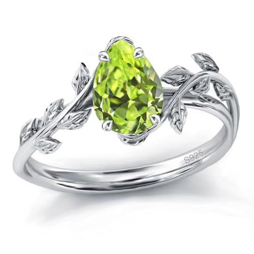 Wasee August Birthstone Ring 925 Sterling Silver Peridot Ring Pear Shaped Leaf Promise Ring for Her...