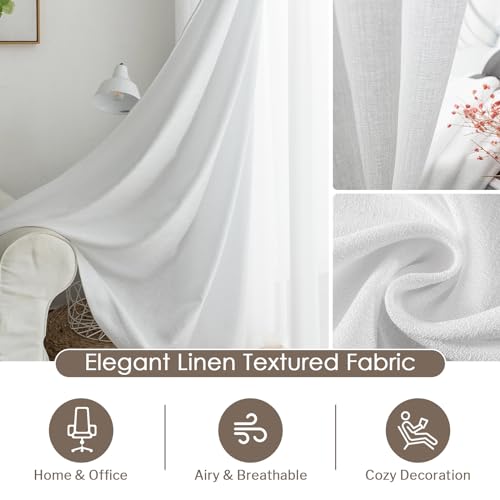 Image of Melodieux White Semi Sheer Curtains 96 Inches Long for Living Room - Linen Look Bedroom Rod Pocket Voile Drapes, 52 by 96 Inch (2 Panels)