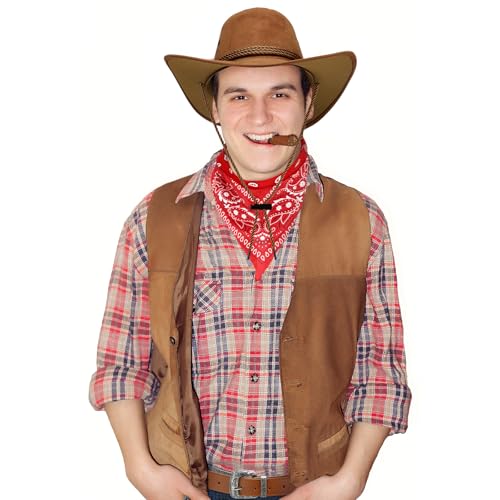 Image of Haysandy Halloween Men Cowboy Costume Hat with Bandana Belts Cowboy Cowgirl Hat Wide Cowgirl Brim Costume Accessories