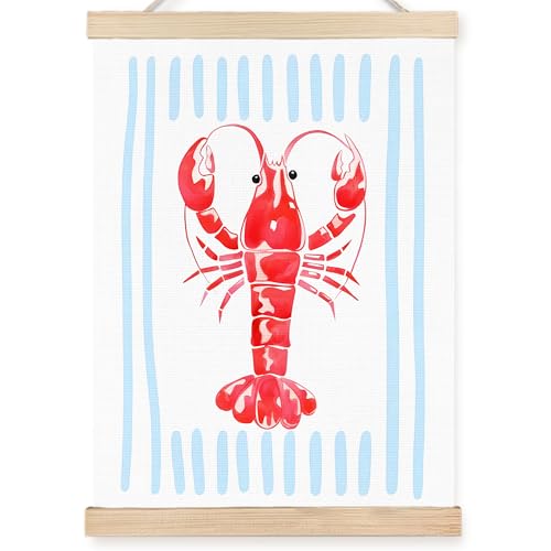 Image of PQKIY Coastal Beach Lobster Wall Art Poster Hanger Frame 12x16 in, Summer Watercolor Nautical Beach Seafood Blue Striped Aesthetic Wall Decor Canvas Prints for Home Kitchen Dining Room