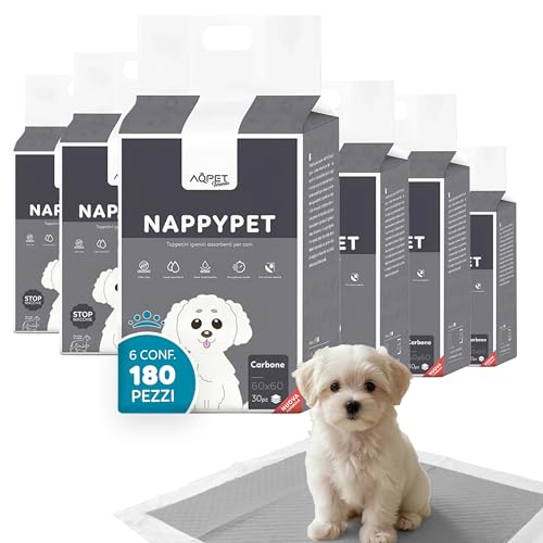 Tappetini Igienici Cane 60x60 cm ai Carboni Attivi Anti-Odore, Ultra Assorbenti e Impermeabili con 5 Strati e Asciugatura Rapida, Con Adesivi, Training Pads per Cuccioli Confezione da 180 Pezzi