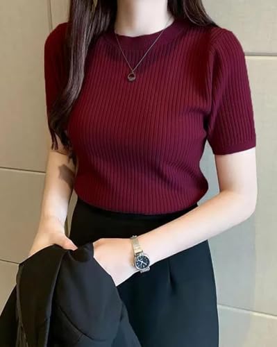 Image of Slim Fit Plain Stretchable Round Neck Rib Knit Short Sleeve Regular Top for Women | T Shirt | Tee
