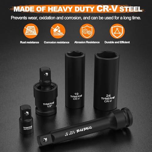 Image of Impact Socket Set 1 /2 inch Drive - Trivd Frol 65pcs Impact Socket Set Metric and Standard Full, Metric Socket Set 8-24mm & SAE Socket Set 3 /8 inch-1-1 /4 inch, Shallow & Deep Socket Set, Extensions, Adapter