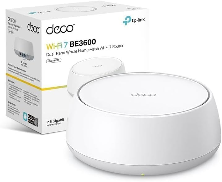 TP-Link Deco BE25 BE3600Mbps Whole Home Mesh WiFi 7 System, 688 Mbps at 2.4 GHz + 2882 Mbps at 5 GHz, 2 × 2.5 Gigabit Ports, AI Mesh WiFi Booster, MLO, Alexa and Google Assistant Supported, HomeShield