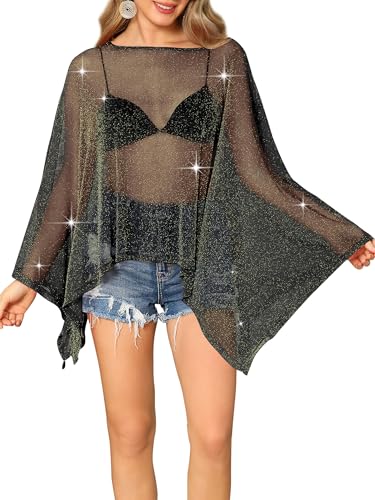Womens Sparkly Sheer Poncho Top Glitter Mesh See Through Poncho Shawl Batwing Sleeve Asymmetrical Cape Tops Party Club Outfit