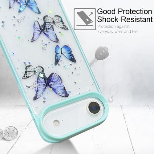 Image of VONZEE Glitter Butterfly Back Cover Case Compatible with iPhone 17 Air, Clear Cute Bling Sparkle Shiny Soft TPU Bumper Shockproof Women Girls Slim Protective for iPhone 17 Air|6.6 inch|Mint Green
