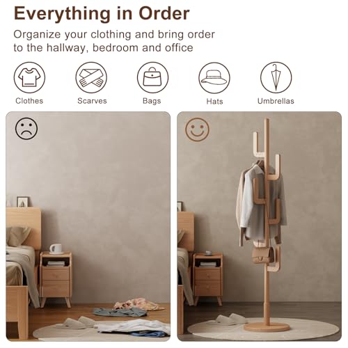 KungFuWood Coat Rack, Unique Design Cactus Coat Rack Freestanding, Adjustable Height Wooden Coat Rack Stand with 6 Hooks, Easy Assembly Coat Tree for Entryway, Bedroom,Coats,Bags(Natural) by KungFuWood - Used condition - Image 7