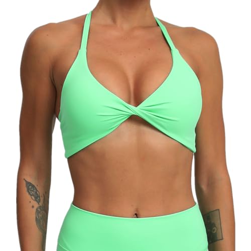 ABOCIW Sports Bras for Women Twist Front Halter Fitness Backless Padded Workout Tank Tops Sports Bra Low Medium Impact Gym Bra Yoga Crop Tank Top #1 Green Medium