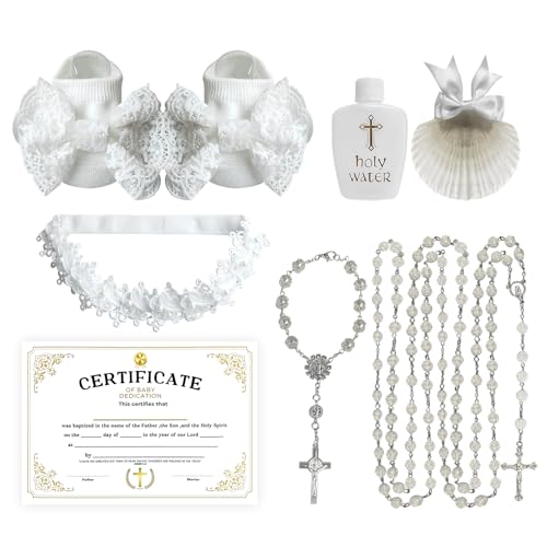 TBTFW 7Pcs Baptismal Accessories- White Christening Sock Headband Rosary Cross Bracelet Seashell Certificates and Holy Water Bottle