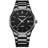 relojes de lujo de segunda mano en marbella - ALPS Reloj de pulsera de hombre de lujo con cronógrafo en acero inoxidable con pulsera de eslabones de estilo corporativo (Negro)