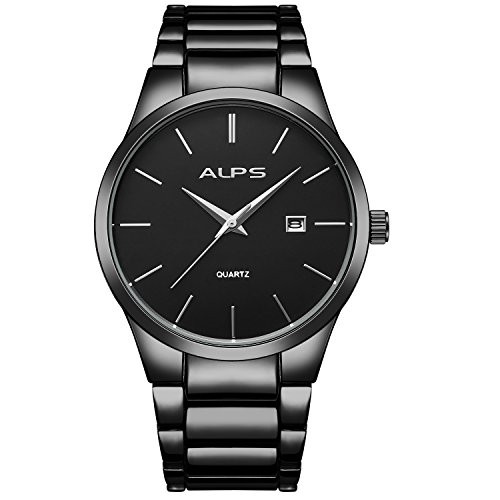 ALPS Reloj de pulsera de hombre de lujo con cronógrafo en acero inoxidable con pulsera de eslabones de estilo corporativo (Negro)