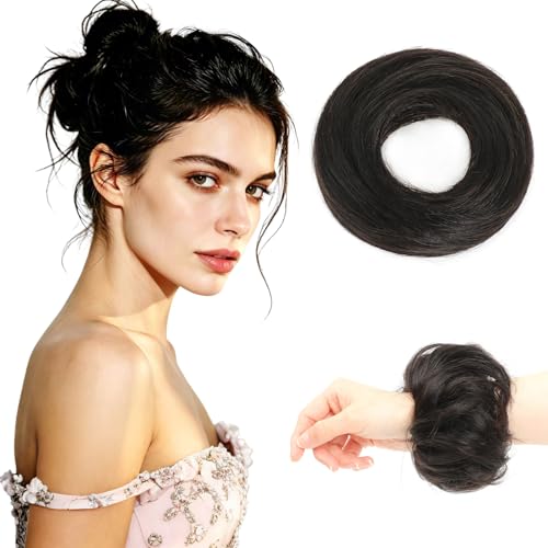 Wohuho 2Pcs Messy Bun Hair Piece 100% Human Hair Stretchy Fluffy Donut Updo Fake Bun Ponytail Extensions with Elastic Band for Women 1B Natural Black